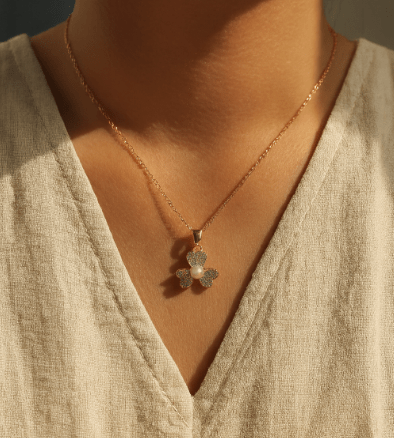 Gold Pearl Flower Cubic Zirconia Jewelry Set