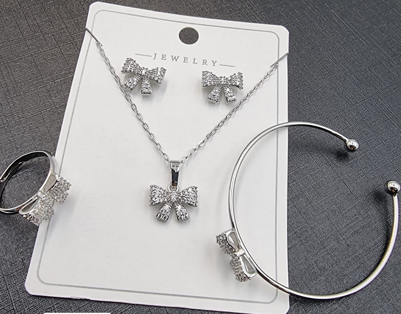 Silver Bow Tie Crystal Jewelry Set